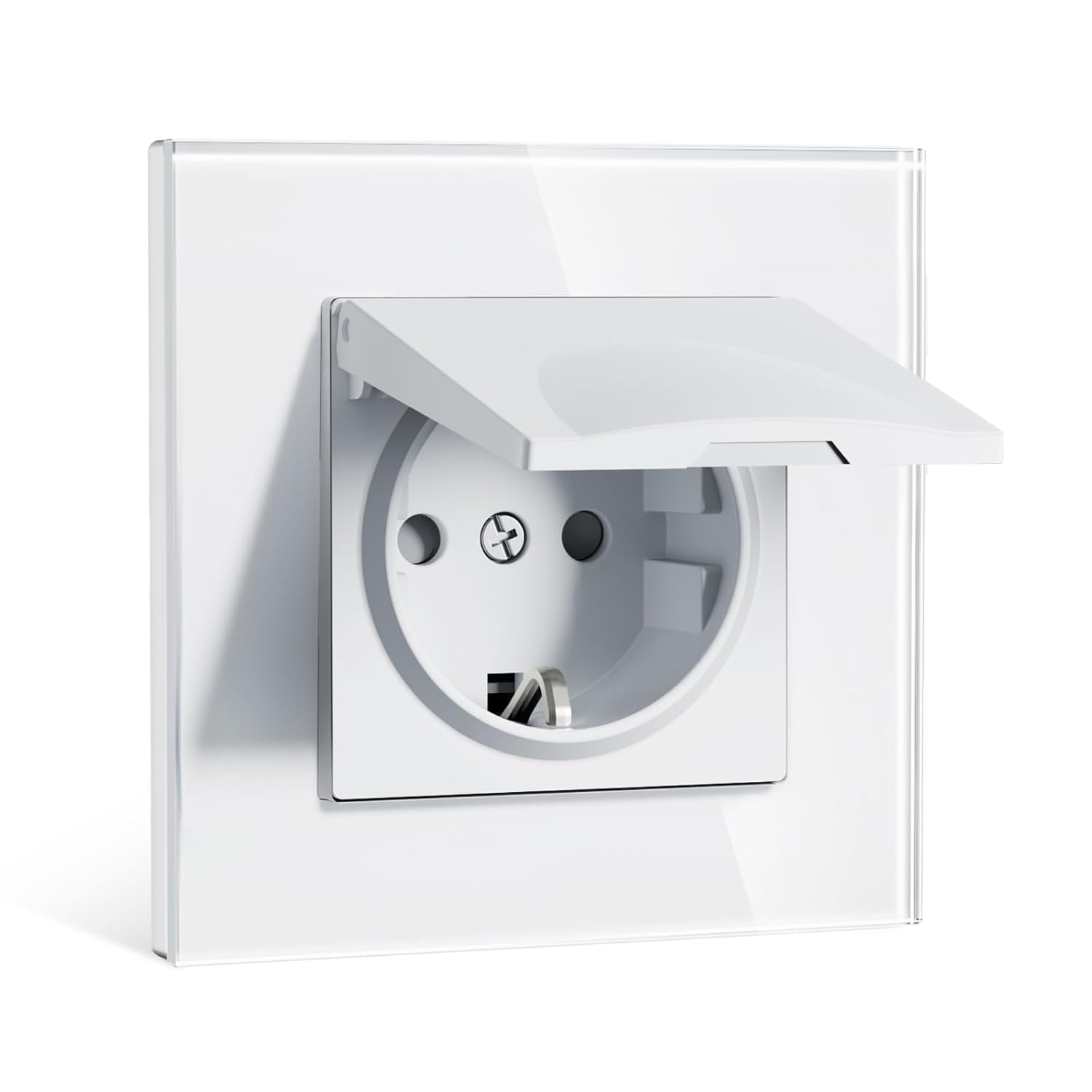 Steckdose Mit Wasserdichter Abdeckung, Unterputz 86 86mm, 16a Eu-steckdose Mit Glasrahmen, Spritzwassergeschützt Für Bad/küche, Einfache Installation (klappkrallen), 1-fach Weiß