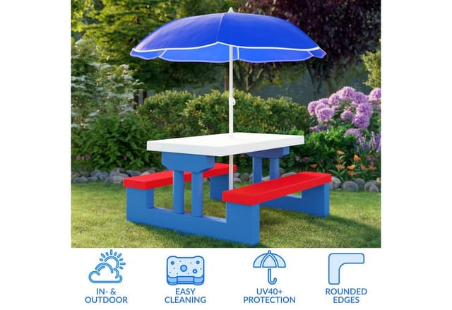 Spielwerk® Kindersitzgruppe Sonnenschirm uv Schutz Stecksystem Waschbar abs Kunststoff Wasser Wetterfest Outdoor Picknicktisch Kindertisch Gartenmöbel