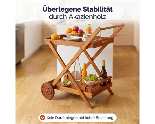 Servierwagen mit Rollen Holz fsc®- zertifiziert Akazie 2 Etagen Tablett 3 Flaschenhalter Outdoor Küche Garten Terrasse Küchenwagen Rollwagen - Casaria