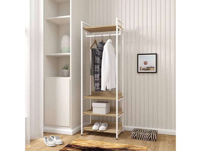 Kleiderständer mit Regal Kleiderschrank Offener mit Schuhregal Garderobenständer für Schlafzimmer, Holz und Stahl, Hell Eiche+weiß - Woltu
