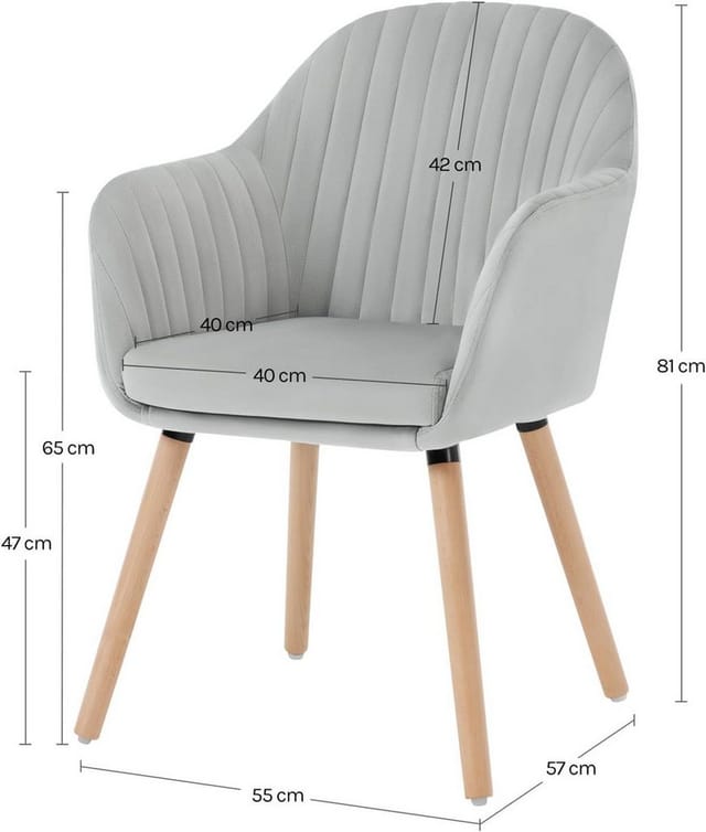 1x Esszimmerstuhl, Küchenstuhl mit Rückenlehne Armlehne, Wohnzimmerstuhl, Polsterstuhl aus Samt Massivholz, für Esszimmer, Küche, Hellgrau - Woltu