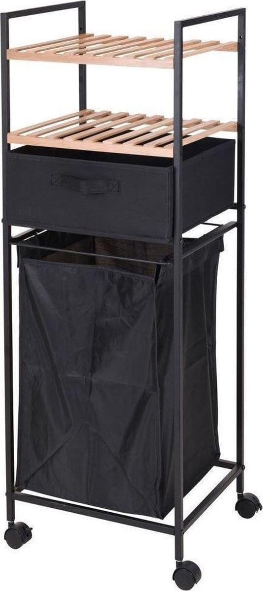 Bathroom Solutions - Badregal auf Rollen mit Ablagen und Wäschesack, 2in1, Bambus