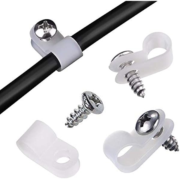 Aroidful 100 Stück R Typ Kabelklemmen, 6,4mm Nylon Kabelhalter, Kunststoff Draht Clips Mit Schrauben, Schraubbare Cable Clip Für Draht, Kabel, Leitungen Und Kabelkanal Kit (0,25 Zoll)