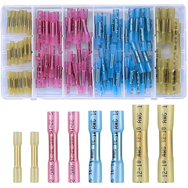 100 Stück10-26 Awg Schrumpfverbinder, Wasserdichte Kabelverbinder Quetschverbinder Set, Stoßverbinder Kabelschuhe, Lötverbinder Sortiment Set - Gelb, Rosa, Blau