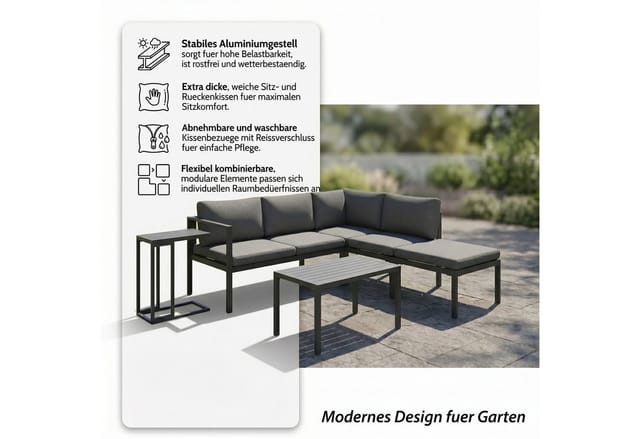 Sitzgruppe Aluminium Ecksofa mit Beistelltisch Lounge wetterfest Grau Tisch Balkonmöbel Terrasse Outdoor-Möbel - Mucola