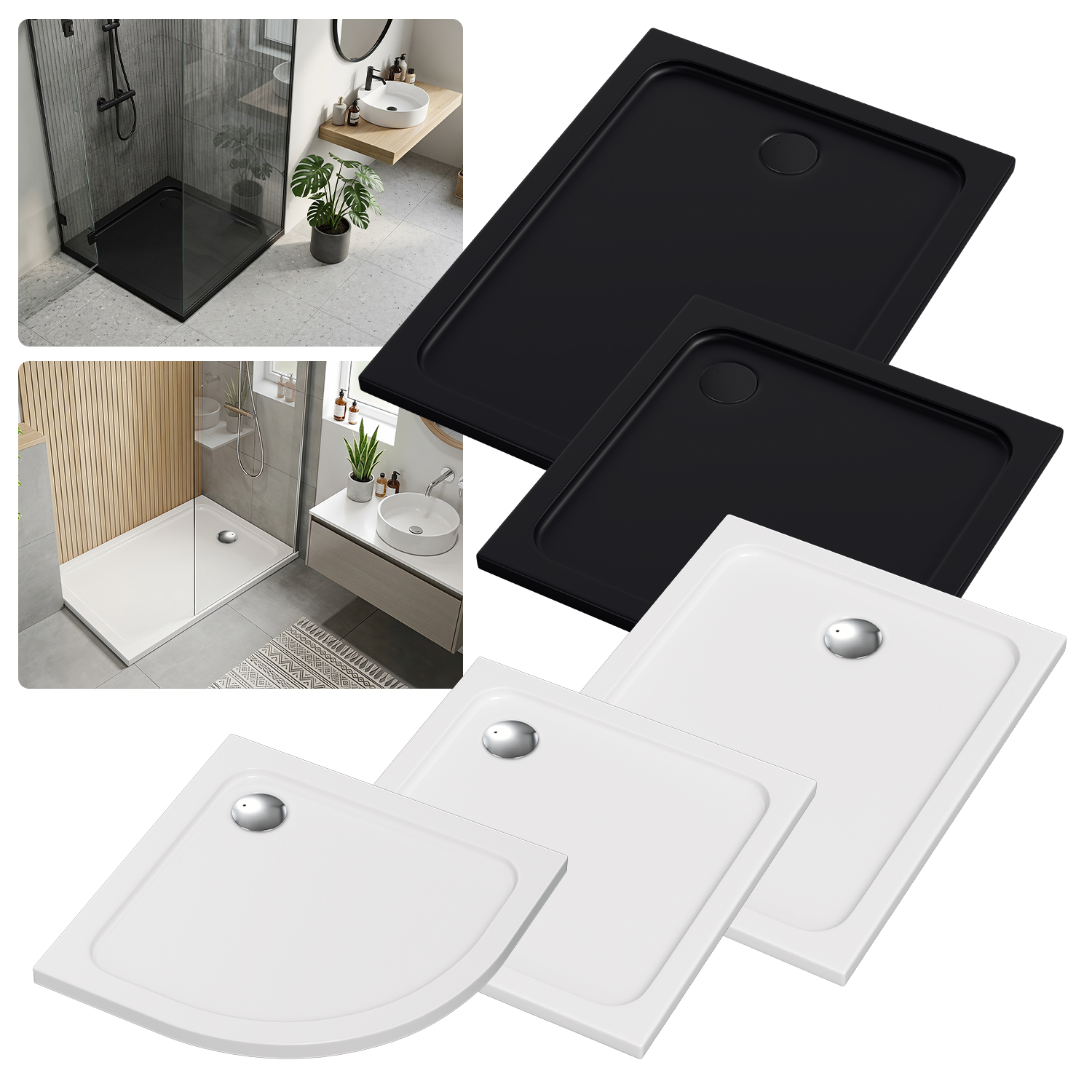 Tolletour Duschwanne 80x80–120x90 Cm Weiß/schwarz Ohne/mit Ablaufgarnitur, Flache Duschtasse