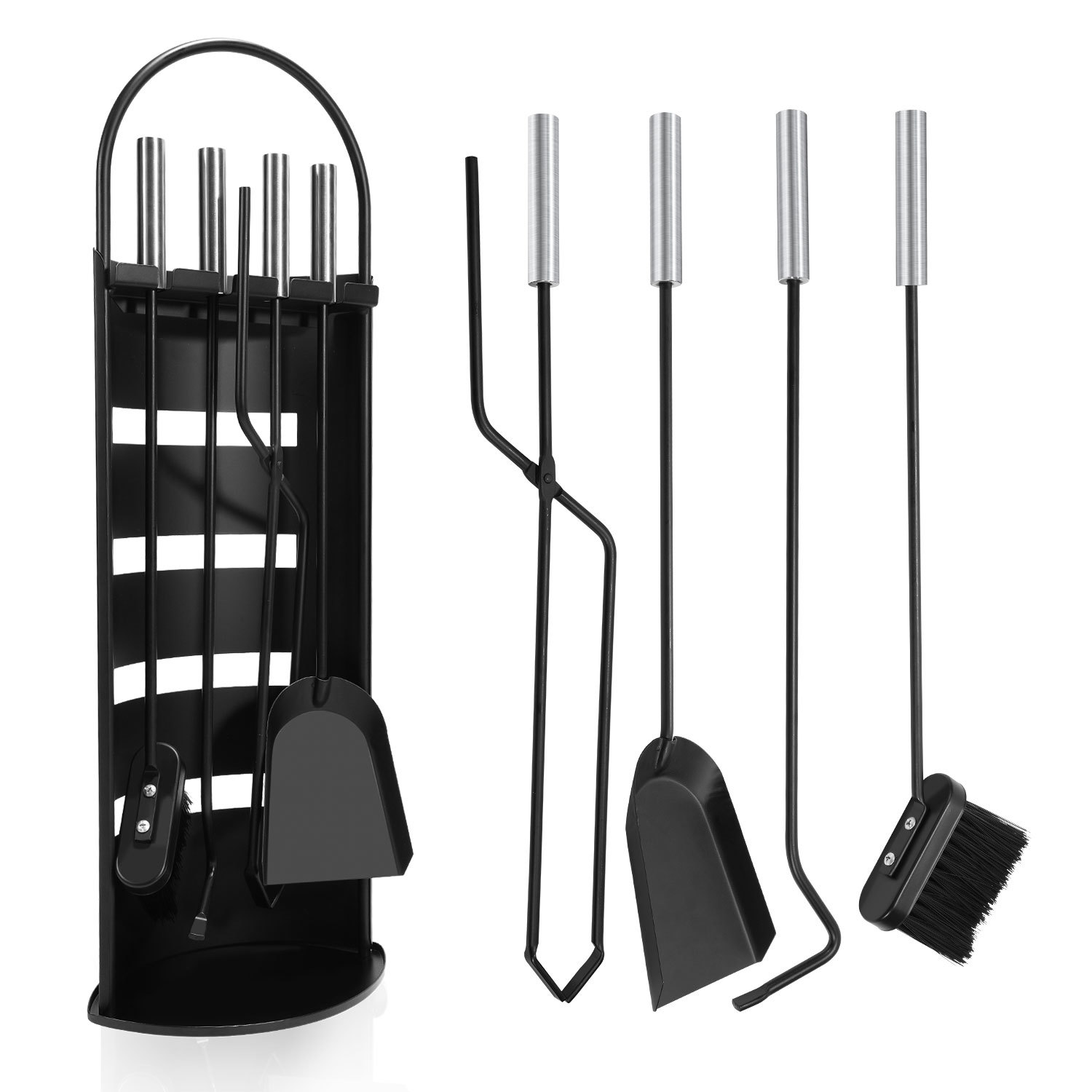 Tolletour Kaminbesteck 5-teilig Kaminzubehör Mit Sichtschutz, Besen, Zange, Ascheschaufel Und Schürhaken, Metall Schwarz/silber Für Kamin