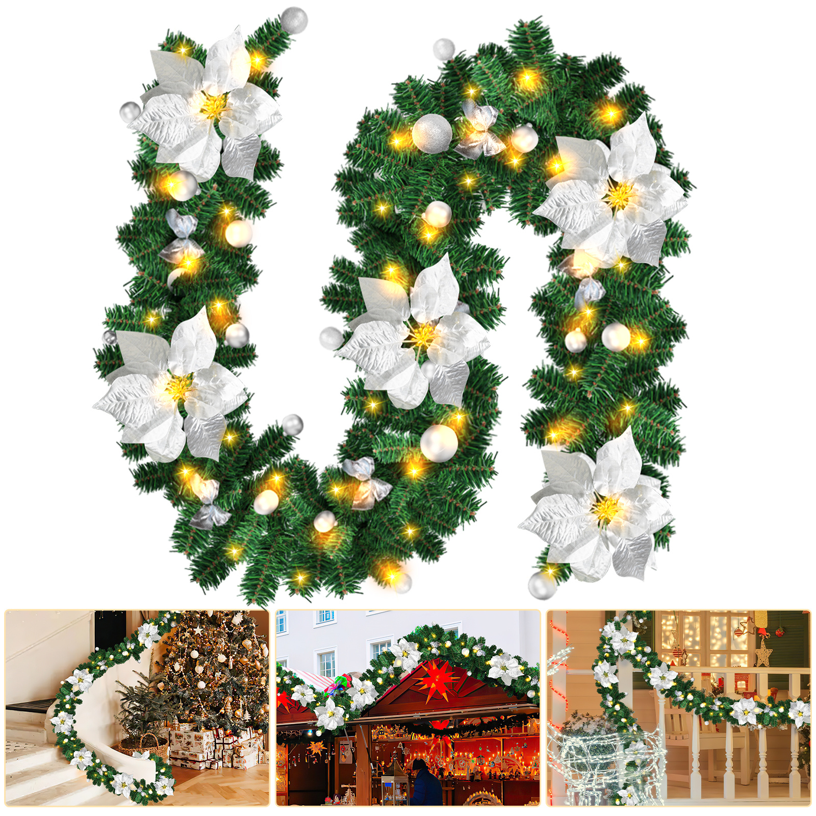 Tolletour Led-weihnachtsgirlande 2,7 M Mit 50 Leds Und Silberfarbenem Schmuck