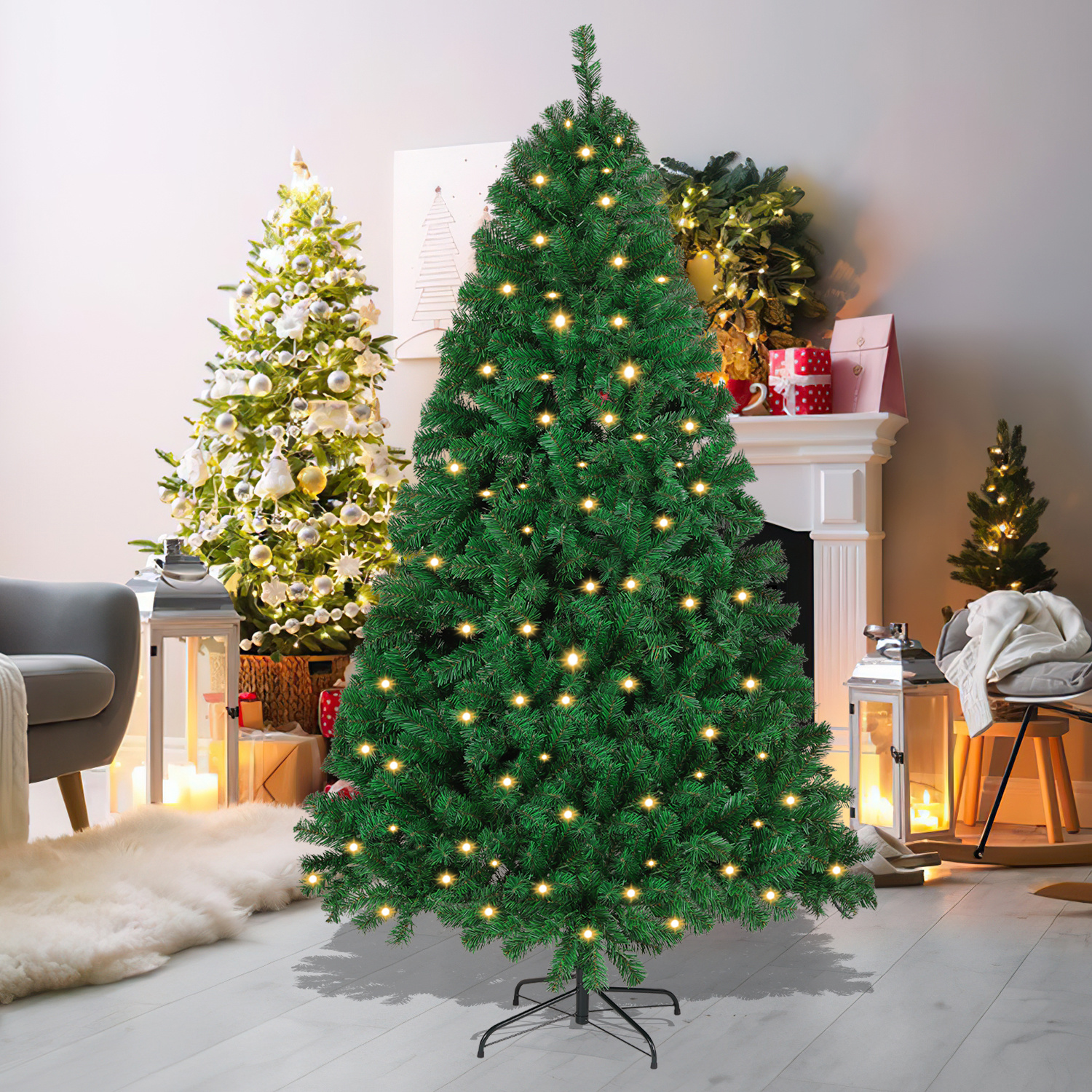 Tolletour Künstlicher Weihnachtsbaum Mit Led-lichterkette, Automatikzweigen Und Metallständer, Schnell Aufbaubar, Dichter Tannenbaum, 150 Cm