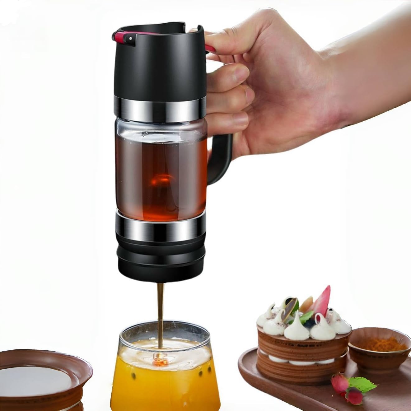 Honigspender Aus Glas, 255 Ml Mit Tropffreiem Griff, Honigglas Mit Tropffreiem Ständer, Spender Aus Glas Für Honig, Kaffee- Oder Teesirup, Glasspender (schwarz)