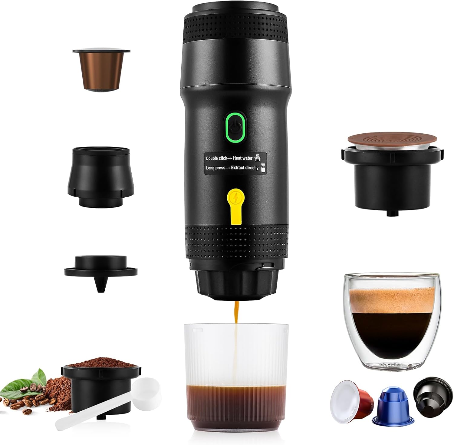 Tragbare Espressomaschine, 20 Bar, 3 In 1, Selbstheizend, Kompatibel Mit Gemahlenem Kaffee Und Kapseln, Für Wandern, Büro Und Camping.