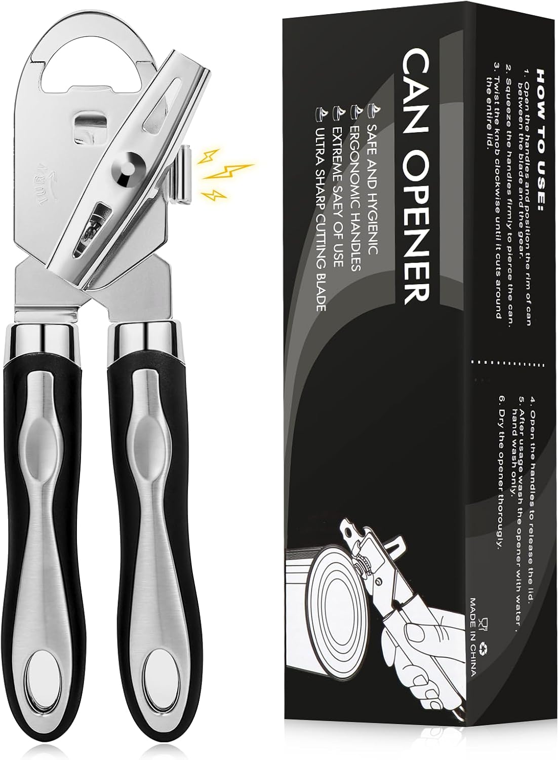 Dosenöffner, 3-in-1-dosenöffner, Manuell, Mit Glatter Kante, Robuster Edelstahl (schwarz)