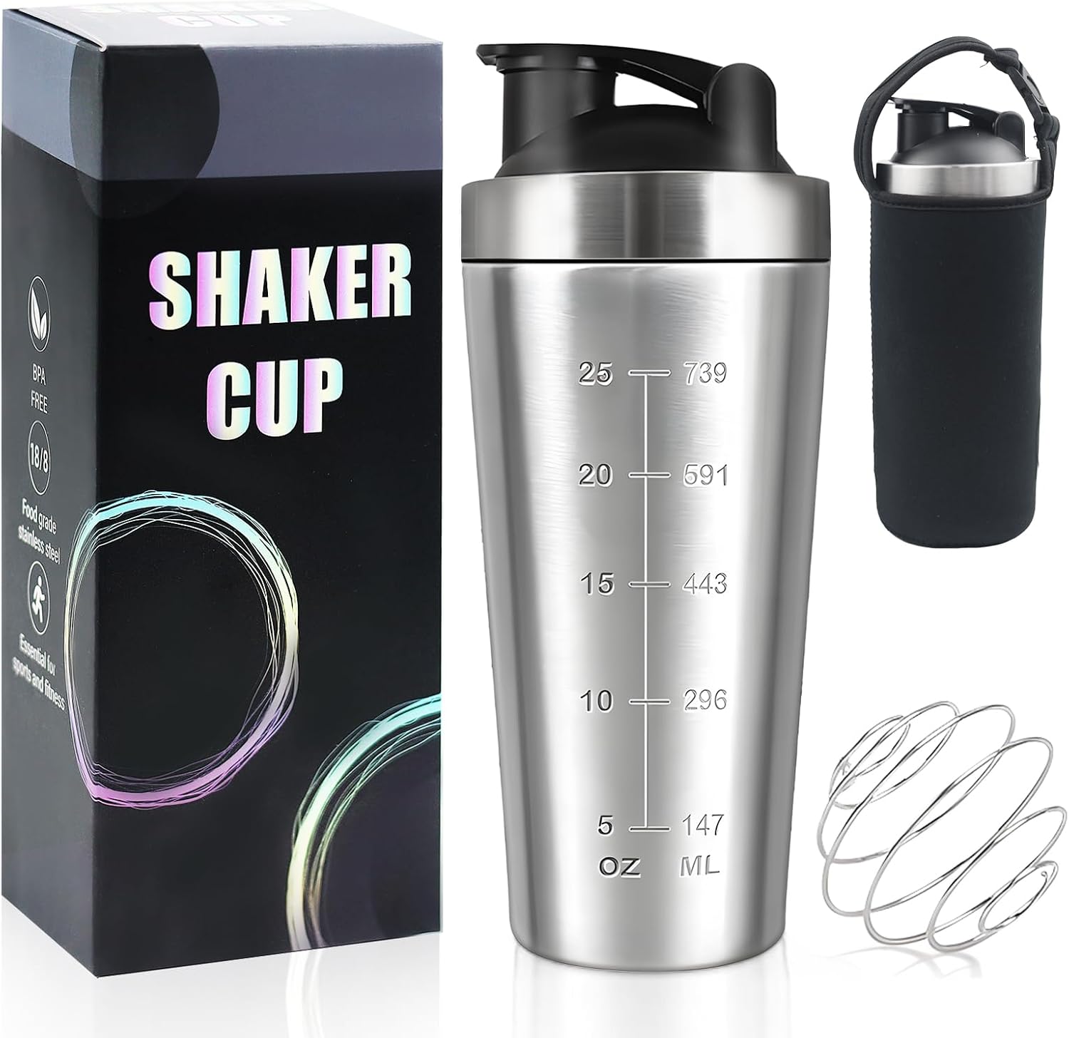 750-ml-edelstahl-proteinshaker Mit Mixkugel Und Schutzhülle