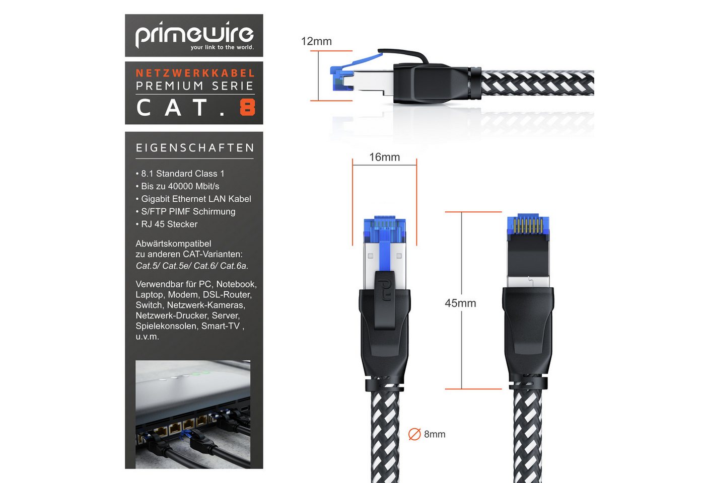 Primewire Patchkabel CAT 8 mit Baumwollummantelung - Gigabit Ethernet LAN Kabel - 40 Gbit/s - S/FTP PIMF Schirmung - Netzwerkkabel - 20m Bild 4