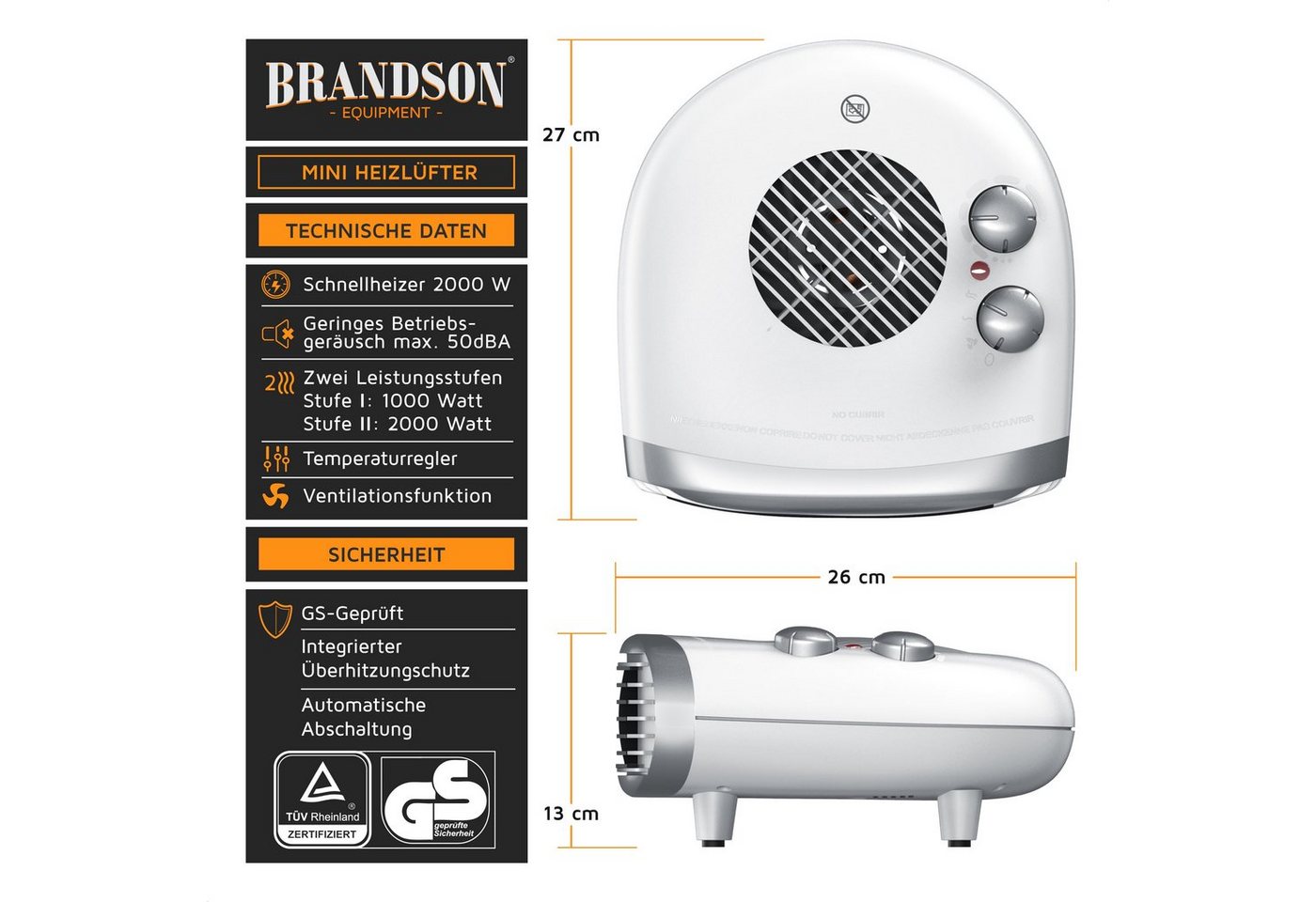 Brandson - Heizlüfter 2000W, einstellbares Thermostat, Überhitzungsschutz, Automatische Abschaltung, 3 Leistungsstufen, Weiß/Silber