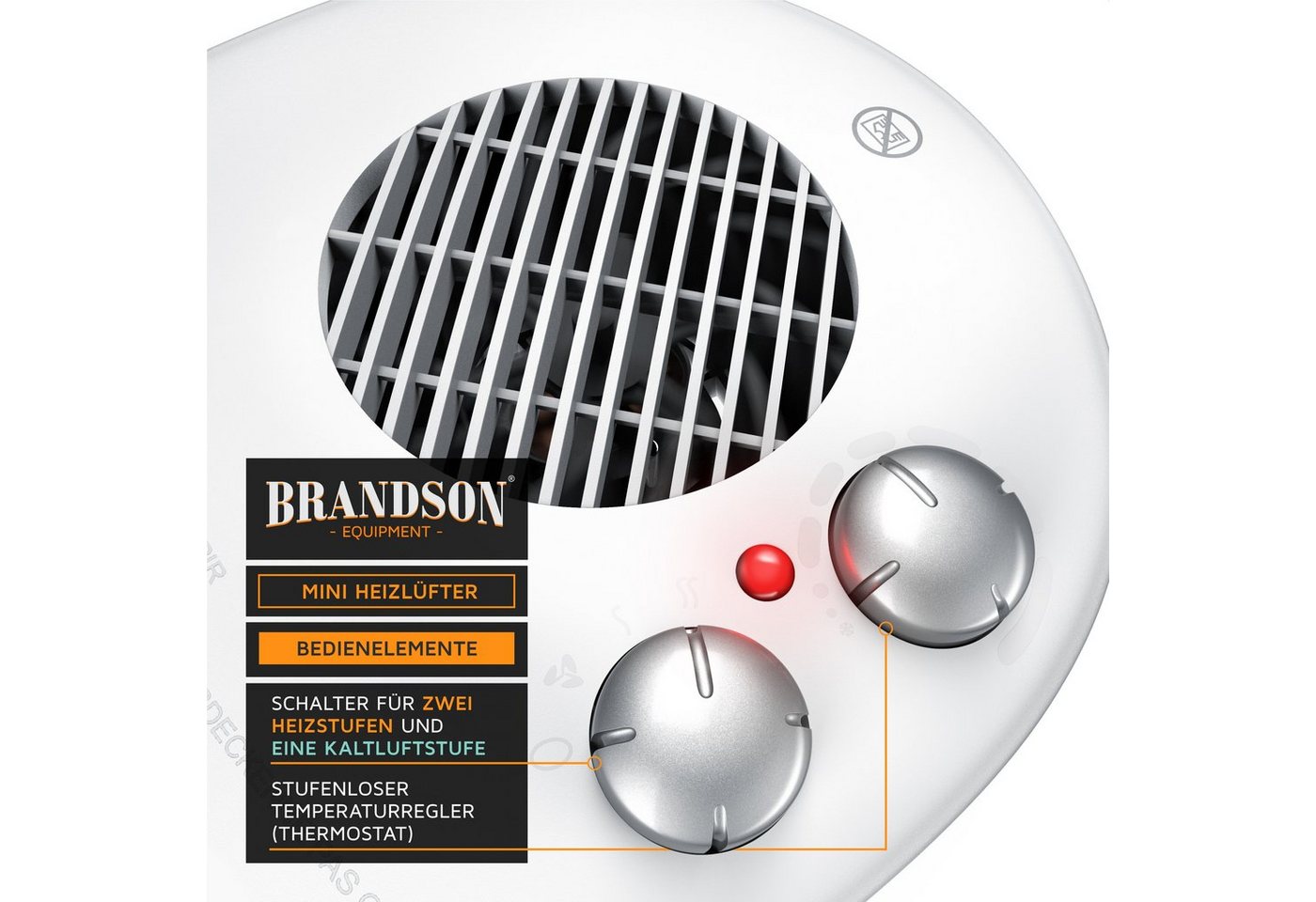 Brandson - Heizlüfter 2000W, einstellbares Thermostat, Überhitzungsschutz, Automatische Abschaltung, 3 Leistungsstufen, Weiß/Silber Bild 2