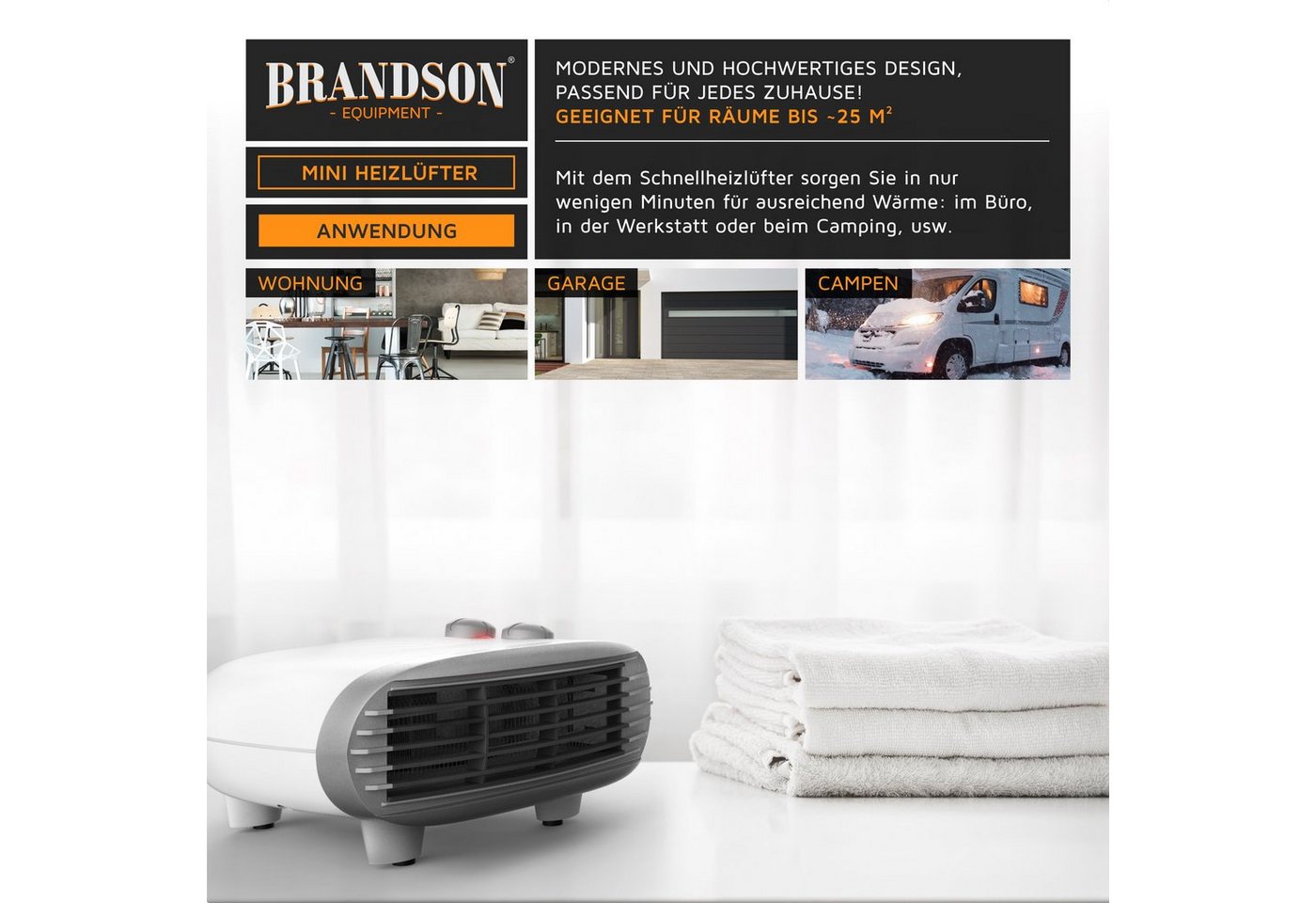 Brandson - Heizlüfter 2000W, einstellbares Thermostat, Überhitzungsschutz, Automatische Abschaltung, 3 Leistungsstufen, Weiß/Silber Bild 5