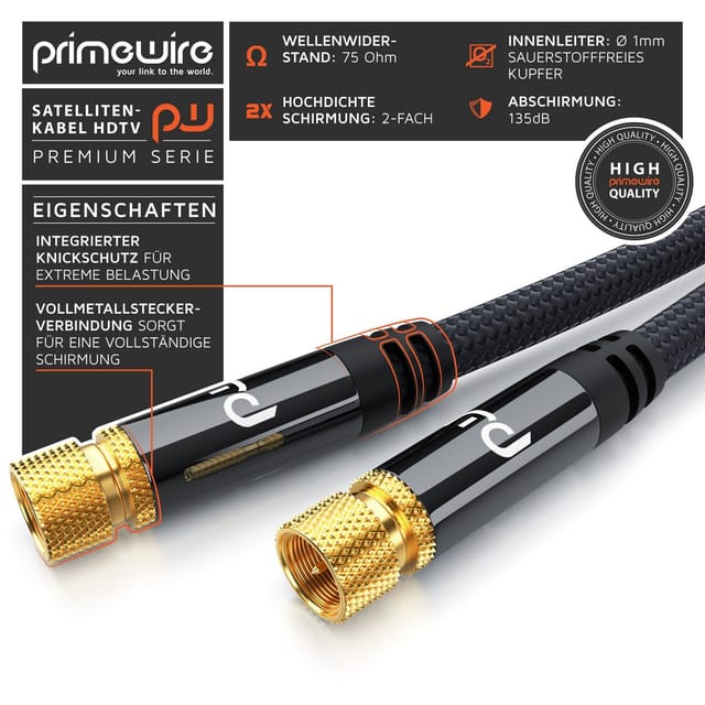 Primewire - hdtv Satellitenkabel mit Braiding - 135Db - 75 Ohm - Stoffummantelung - 3 m