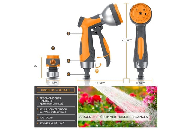 Brandson - Garten Handbrause 7 Sprühprofile - Gartenbrause für Gartenschlauch - Spritzpistole Pistolengriff mit Halteclip - 1-8 bar Wasserdruck