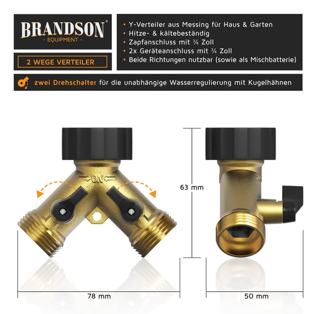 Brandson - Wasserventil 2 Wege - Y-Verteiler für 3/4 Zoll Wasserhahn - Garten Wasserverteiler - Verteileranschluss für Wasserschlauch - 2 Drehschalter