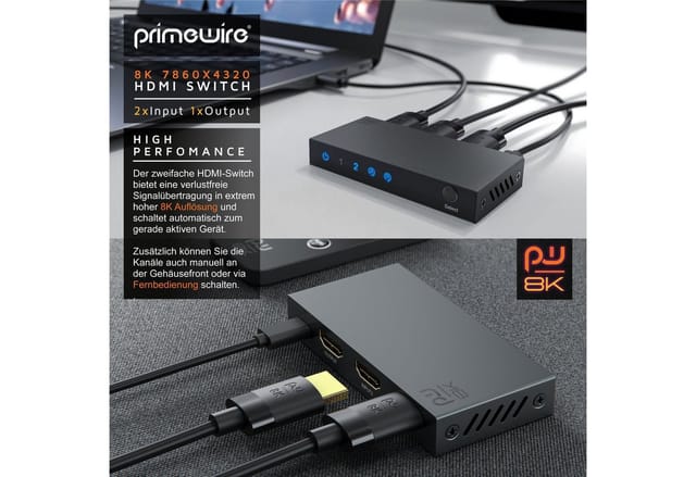 Primewire - 8k hdmi Switch 2.1a, 2X Input hdmi Buchse, 1x Output, Verteiler, 7680 x 4320 uhd ii (4320p) 60 Hz, hdr, 3D, cec, hdcp 2.3, vrr, qft, allm