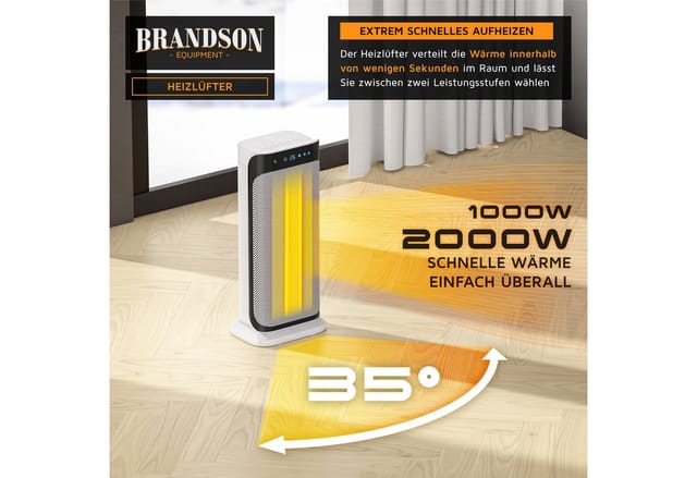 Heizlüfter 2000W, Keramikheizlüfter mit Fernbedienung, energiesparend & leise, Überhitzungsschutz, Automatische Abschaltung, Umkippschutz - Brandson