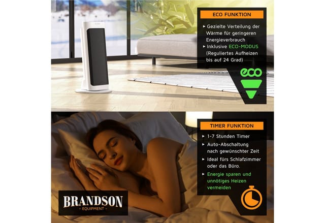 Brandson - 2000W Keramik Heizlüfter mit Fernbedienung, 80° Oszillation, Überhitzungsschutz, Automatische Abschaltung, Umkippschutz, 1-7h Timer