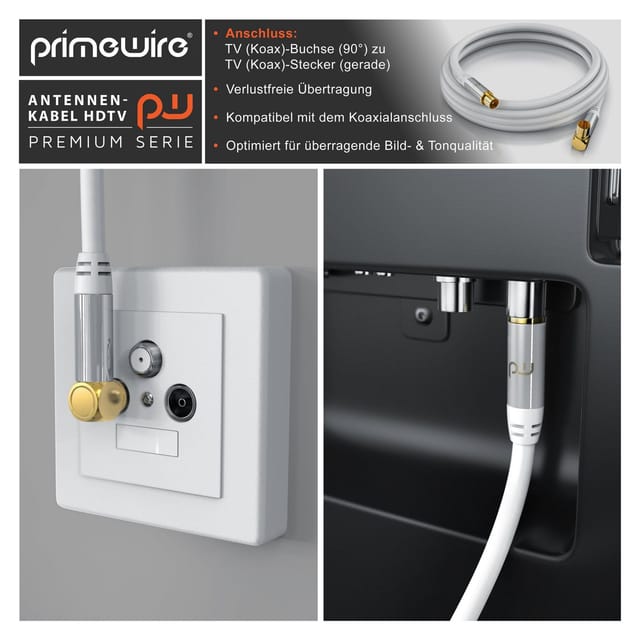 Primewire - Antennenkabel gewinkelt - Koaxialkabel - Koax Kupplung 90° Winkel zu Stecker gerade - hdtv 75 Ohm - weiß - 0,5 m