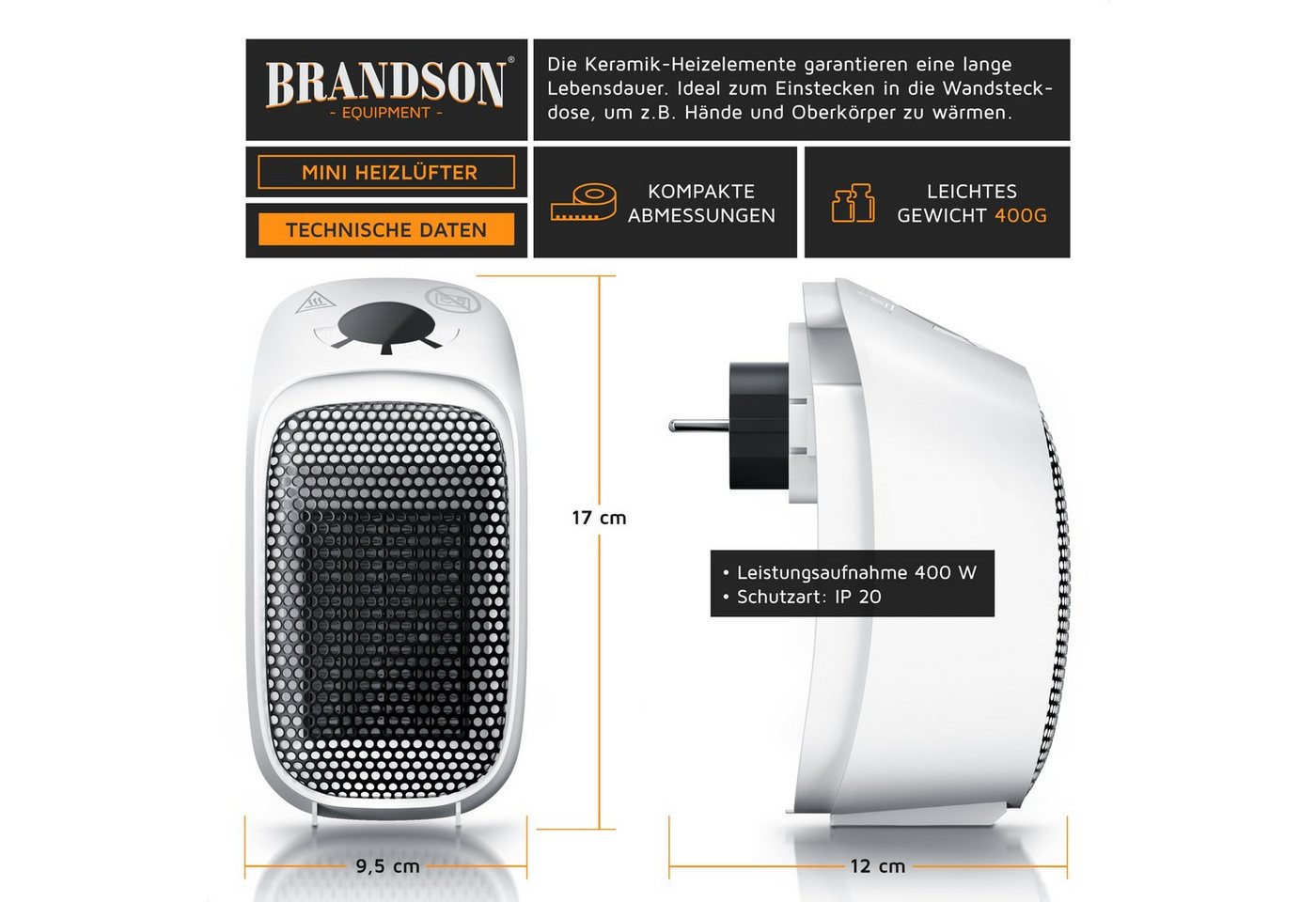Steckdosen Heizlüfter 400W, Mini Keramik Heizung, Digitalanzeige, energiesparend, Thermostat, Überhitzungsschutz, Automatische Abschaltung - Brandson