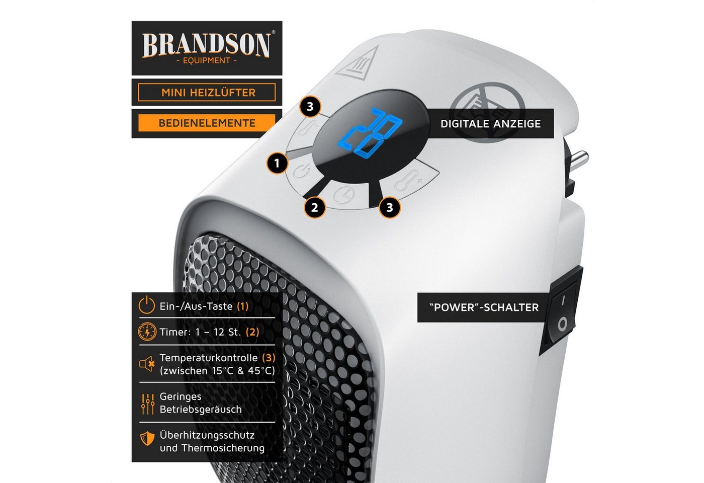 Steckdosen Heizlüfter 400W, Mini Keramik Heizung, Digitalanzeige, energiesparend, Thermostat, Überhitzungsschutz, Automatische Abschaltung - Brandson Bild 4