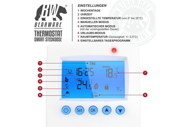 Wlan Thermostat Steckdose - Steckdosenthermostat - WiFi Smart Life, tuya - für Heizgeräte - mit Share-Funktion - 5°-35°C - Bearware