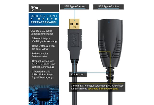 Csl-computer - csl usb 3.0 Typ a Verlängerungskabel, Aktives Repeater Kabel mit Signalverstärkung - 5m
