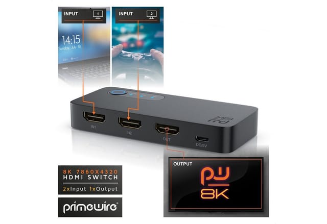 Primewire - HDMI Switch 8k 2.1 - 2X Input HDMI Buchse, 1x Output - Verteiler - 7680 x 4320 UHD II (4320p) 60 Hz - HDR 3D CEC - HDCP 2.3 - Umschalter