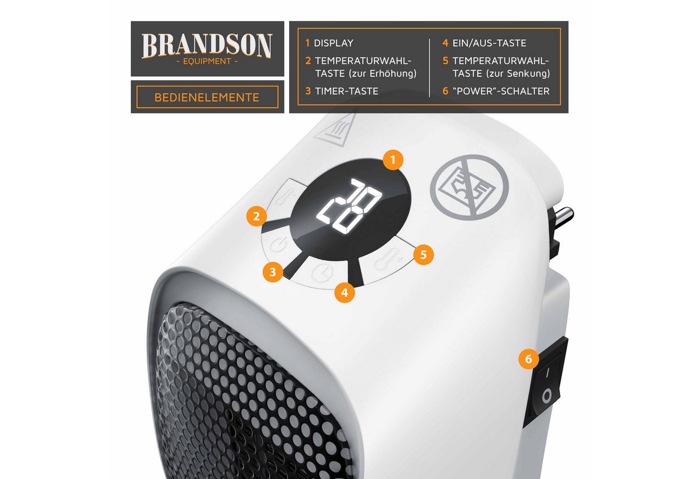 Brandson - Steckdosen Heizlüfter mit Fernbedienung & Timer, 400W Heizlüfter, Überhitzungsschutz, Automatische Abschaltung, Weiß Bild 5