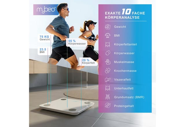 Körperfettwaage, Digitale Bluetooth Körper-Analyse-Waage, Diagnosewaage mit App-Steuerung, weiß - Mybeo
