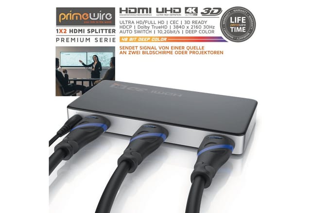 Primewire - hdmi Splitter Verteiler 4K uhd Sat Verteiler 2160p 4K 30Hz, Full hd 144 Hz, 1 in 2 Out, cec, hdcp, 3D Ready, Deep Color 30Bit 36Bit 48Bit