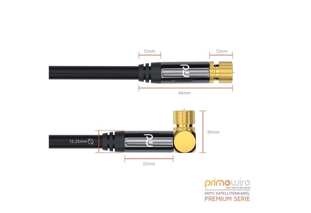 Primewire - SAT-Kabel, Koax, F-Stecker, hdtv sat Koax Kabel 90° gewinkelt, 4fach Schirmung, 135dB, 75Ohm - 10m