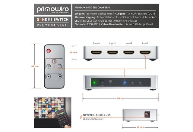 Primewire - 3-Port 4k uhd hdmi Switch mit Fernbedienung & Netzteil 3x hdmi in / 1x hdmi out