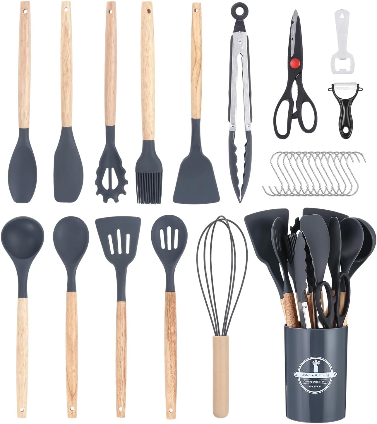 Küchenhelfer Aus Silikon, 27-teiliges Graues Küchenzubehör-set, Bpa-frei, Antihaftbeschichtet, Kratzfest, Kochset Mit Aufbewahrungstopf