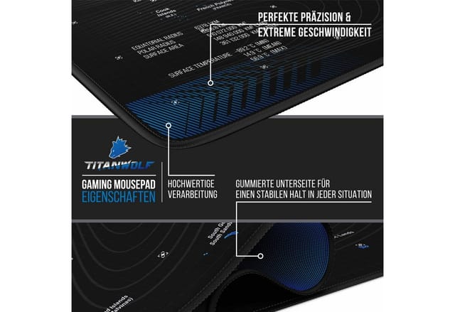 Gaming Mauspad, 900 x 400mm xxl Mousepad, verbessert Präzision & Geschwindigkeit, Welktarte blau - Titanwolf