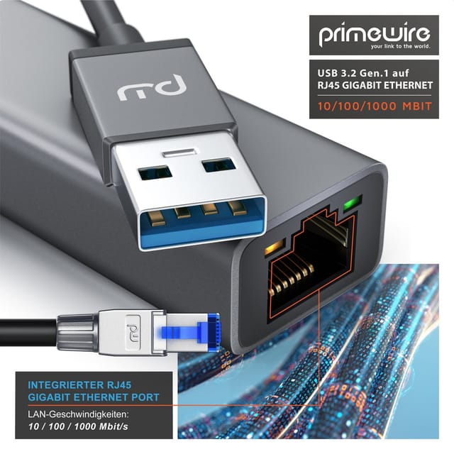 Primewire Netzwerk-Adapter USB Typ A zu RJ-45 (Ethernet), USB 3.2 Netzwerkadapter extern mit Gigabit RJ45 Anschluss