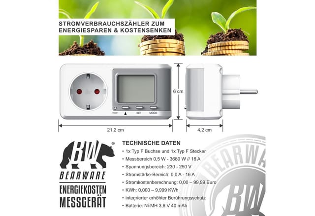 Energiekostenmessgerät - Stromverbrauchszähler, Energiekosten Anzeige - Stromzähler - 3680W - Energiemessgerät - Bearware