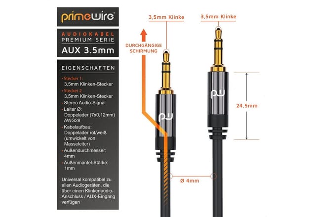 Primewire - aux zu 3,5-mm-Klinke Audio-Kabel, HiFi Klinkenkabel für Audiogeräte Premium Series - 2m