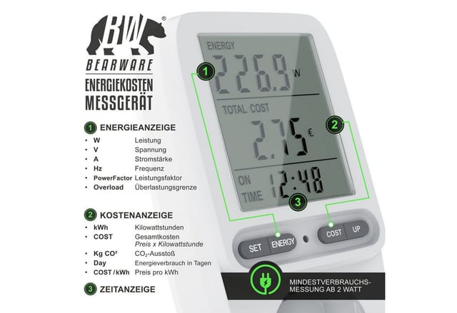 Energiekostenmessgerät Stromkostenmessgerät, max. 3680 w, Strommesser, Stromverbrauchszähler - Bearware