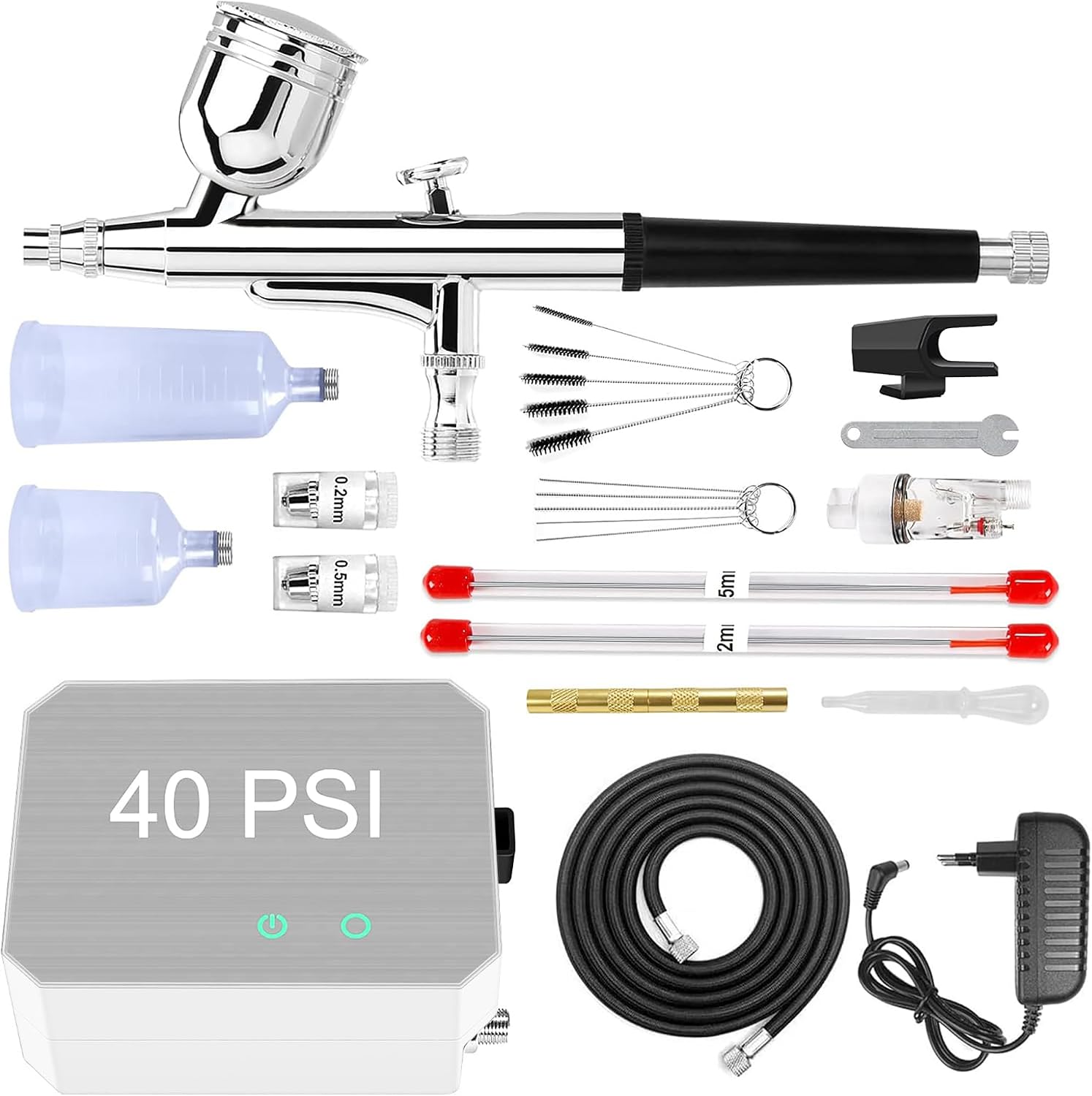 Professionelles Airbrush-komplettset (40 Psi) Mit Kompressor – 0,2/0,3/0,5 Mm Düsen Für Nagelkunst, Bastelarbeiten, Tortendekoration, Nageldesign, Silber