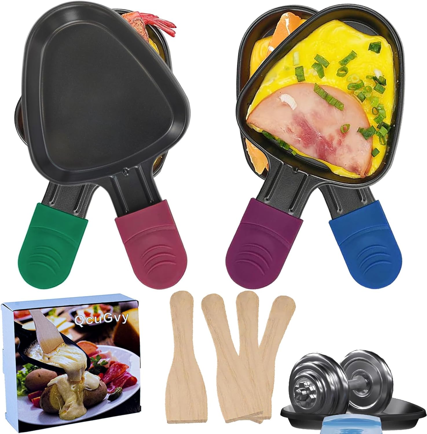 4-teiliges Set: Dreieckige Raclettepfanne (18 X 10 Cm) Mit Antihaftbeschichtung, Mini-raclettepfanne Aus Verstärktem Material Und 4 Natürliche Holzlöffel Für Geschmolzenes Käseomelett