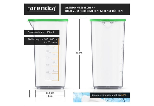 Arendo - 600 ml Messbecher, für Handrührer & Handmixer geeignet, mit Verschlusskappe, Transparent