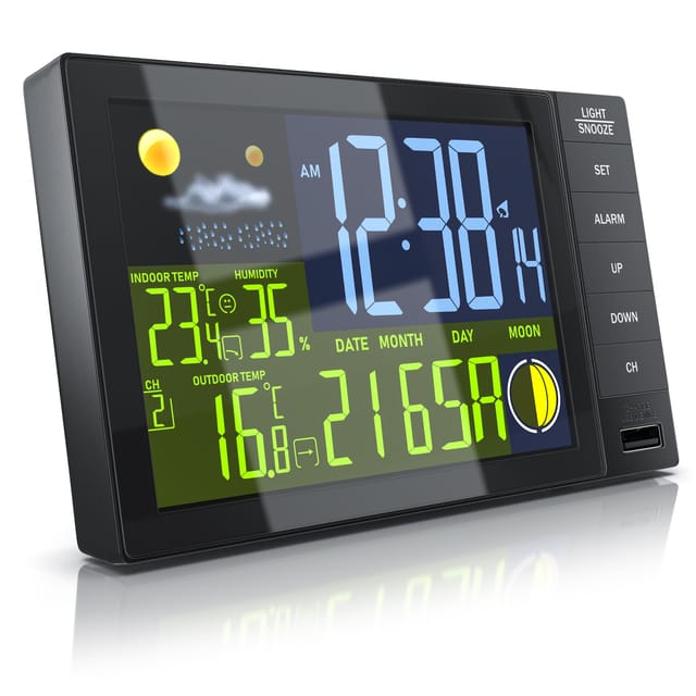 Funkwetterstation Innen und Außen mit Außensensor - dcf Signal Funkuhr - Farbdisplay - Thermometer - Hygrometer - Bearware