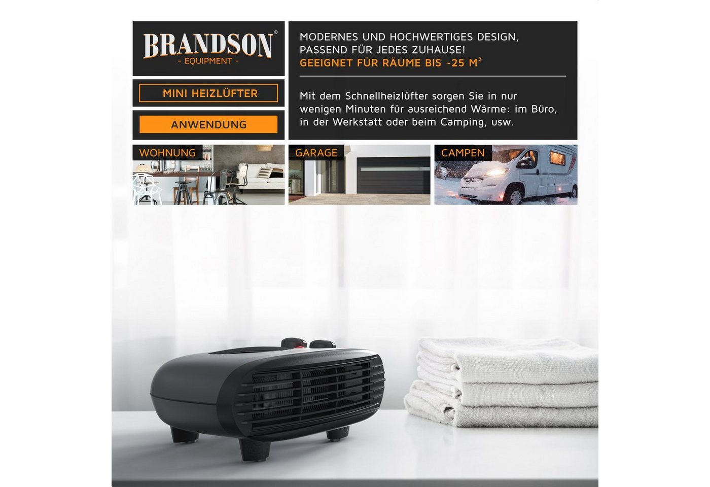 Brandson - Heizlüfter 2000W, 2 Leistungsstufen, Thermostat, energiesparend, leise, Überhitzungsschutz, automatische Abschaltung, Grau