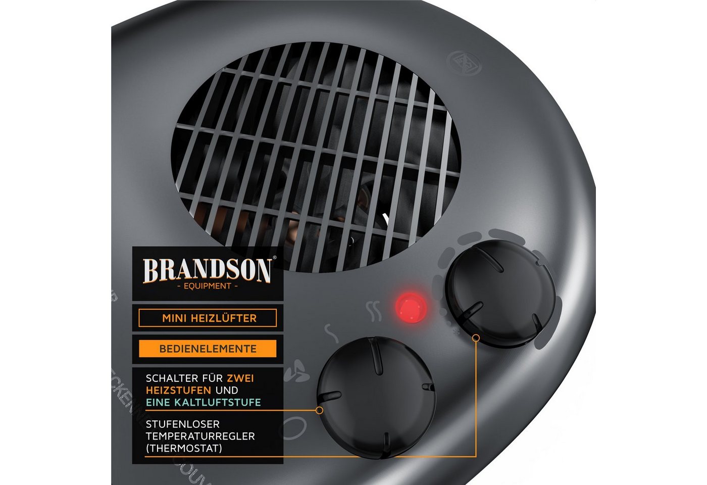 Brandson - Heizlüfter 2000W, 2 Leistungsstufen, Thermostat, energiesparend, leise, Überhitzungsschutz, automatische Abschaltung, Grau Bild 2